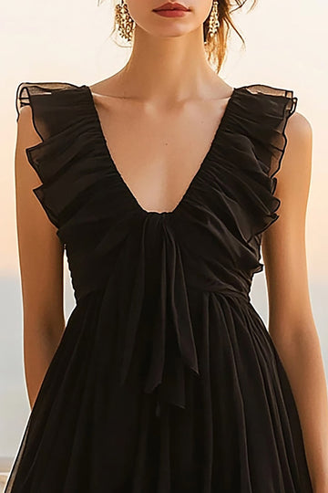 Black Chiffon A Line Ruffled Short Cocktail Dress